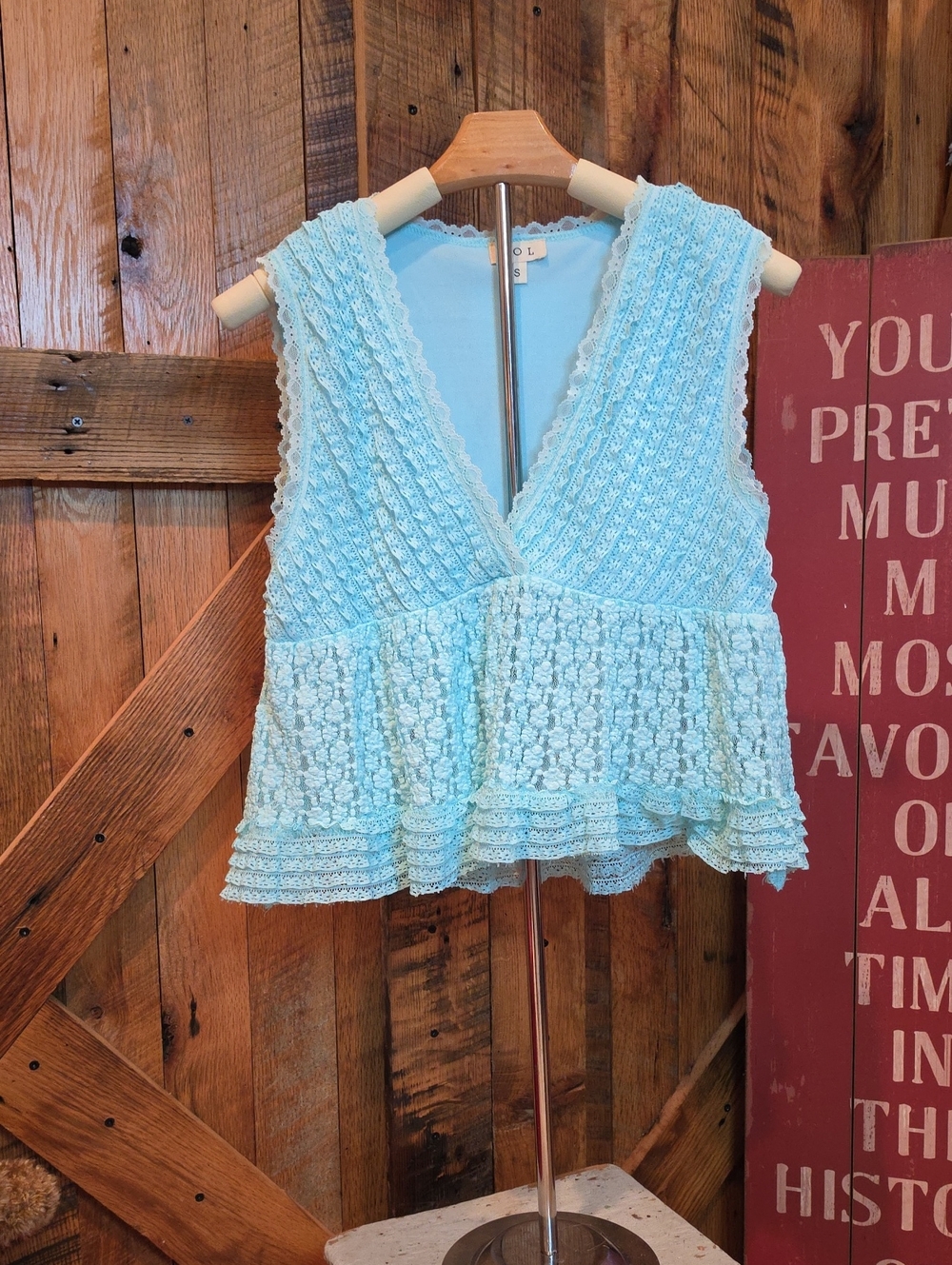 091p POL Aqua Lace V-Neck Peplum Camisole